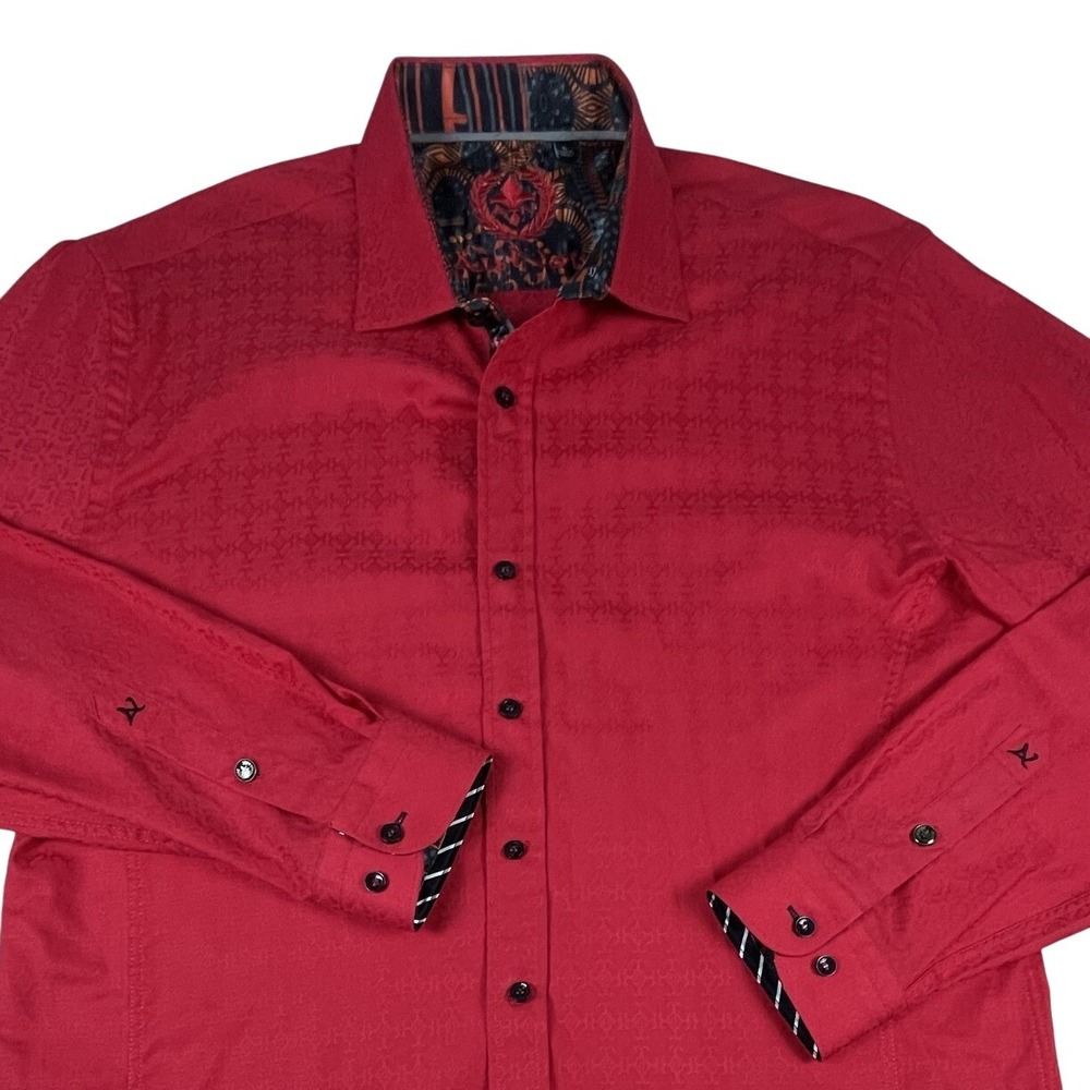 Au Noir Button Down XL Men 5 Red Jacquard Long Sleeve Tailored Patterned Trim
